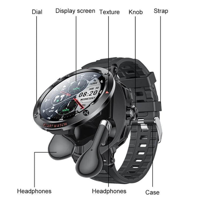 Yesido IO50 Smart Watch with Built in TWS Earbuds features dial, display screen, texture, knob, strap, and headphones.